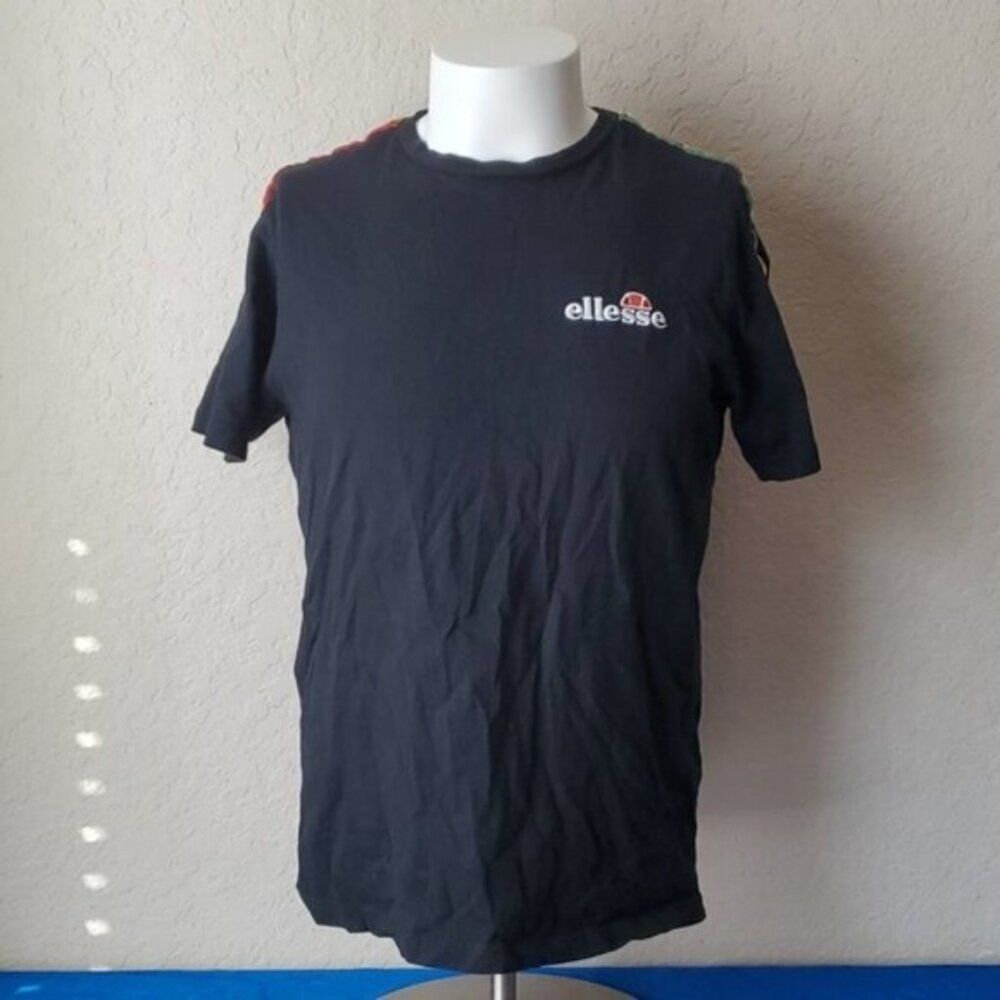 Ellesse Men's M Black T-Shirt Rainbow Logo Tape Sleeve Graphic Tee Medium